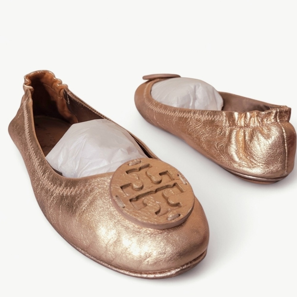 Tory Burch Minnie Rose Gold Leather Logo Travel Ballet 6.5 Metallic Minimal